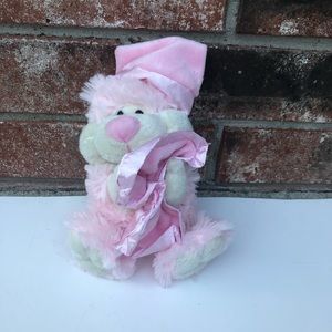 Cuddle Barn Bear White Pink Plush 8" Blanket Nightcap Hat Fluffy Stuffed Animal